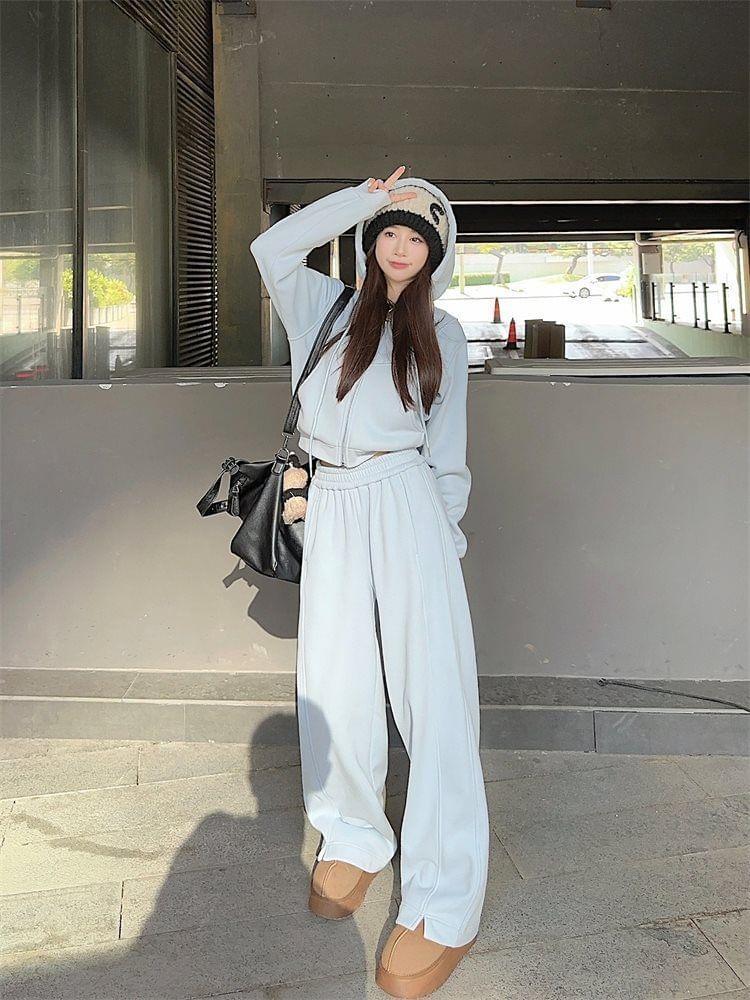 Plain Zip-Up Crop Hoodie / High Waist Slit Wide Leg Sweatpants Product Image