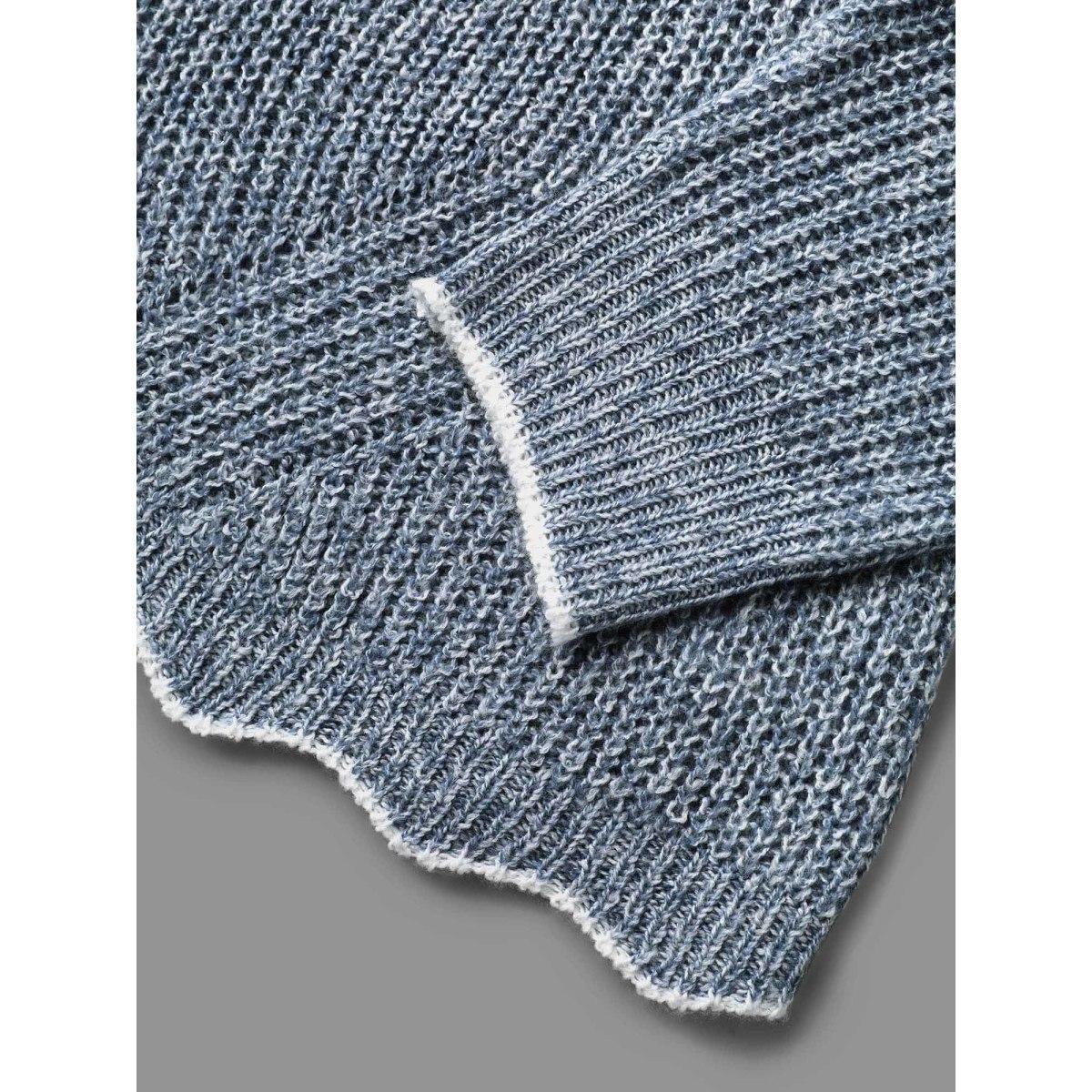 Plus Size Plain Textured Contrast Trim Cable Knit Pullover LightBlue Women Casual Loose Long Sleeve V-neck Everyday Pullovers BloomChic 22-24/3X Product Image