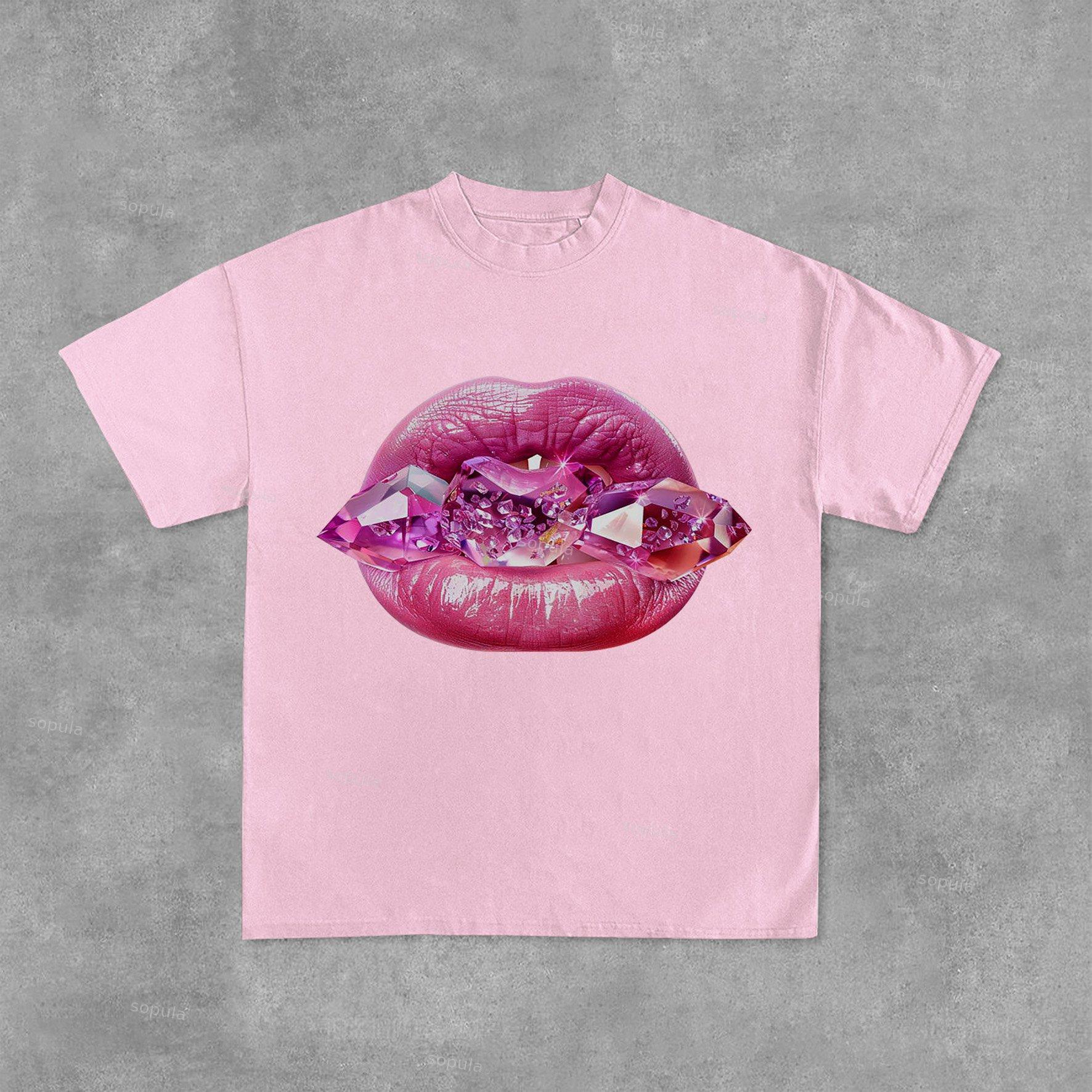Sexy Jeweled Lips Print Graphic Cotton Tees Product Image