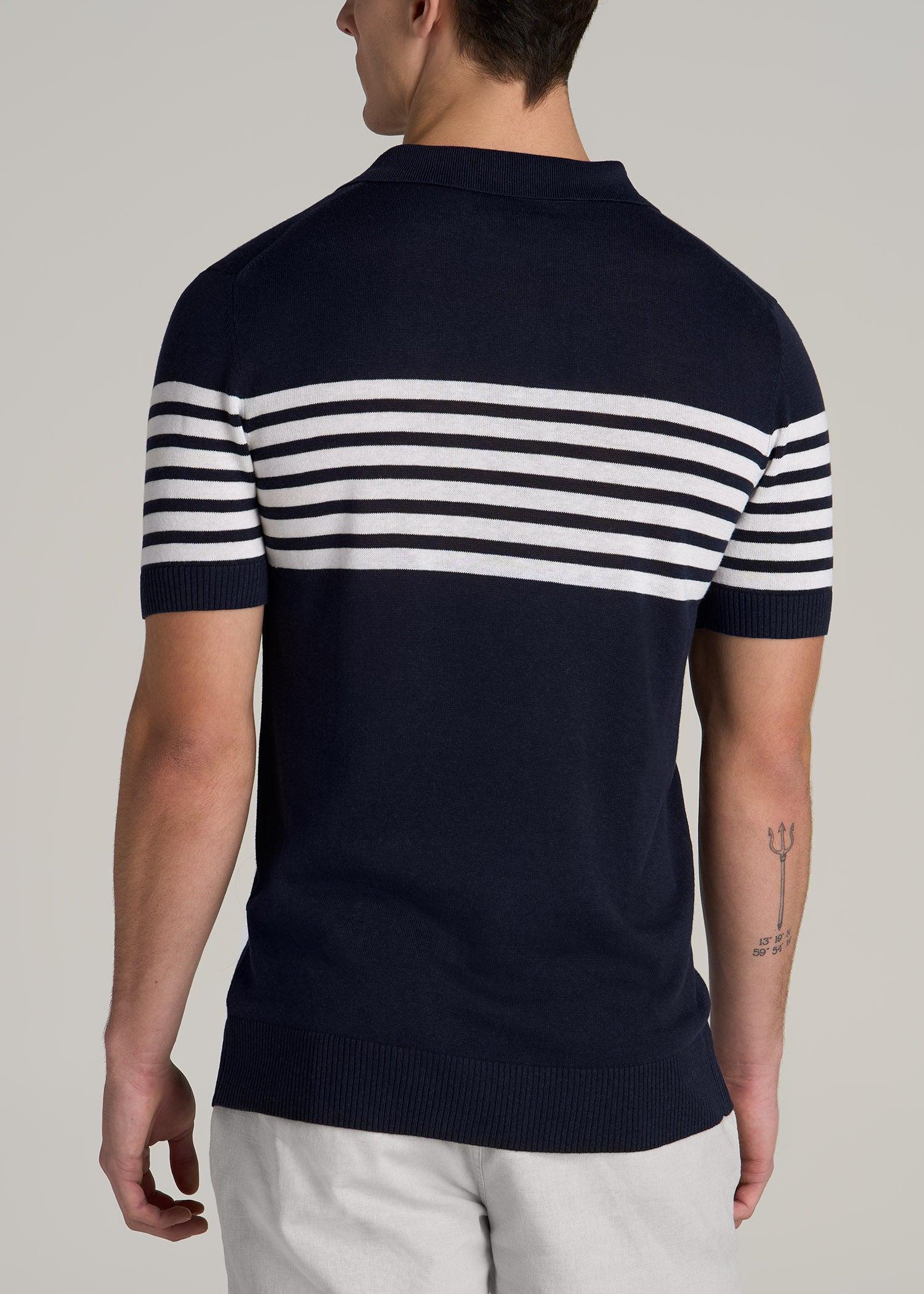 Striped Linen Blend Tall Men's Polo Shirt in Blue and White Stripe Product Image