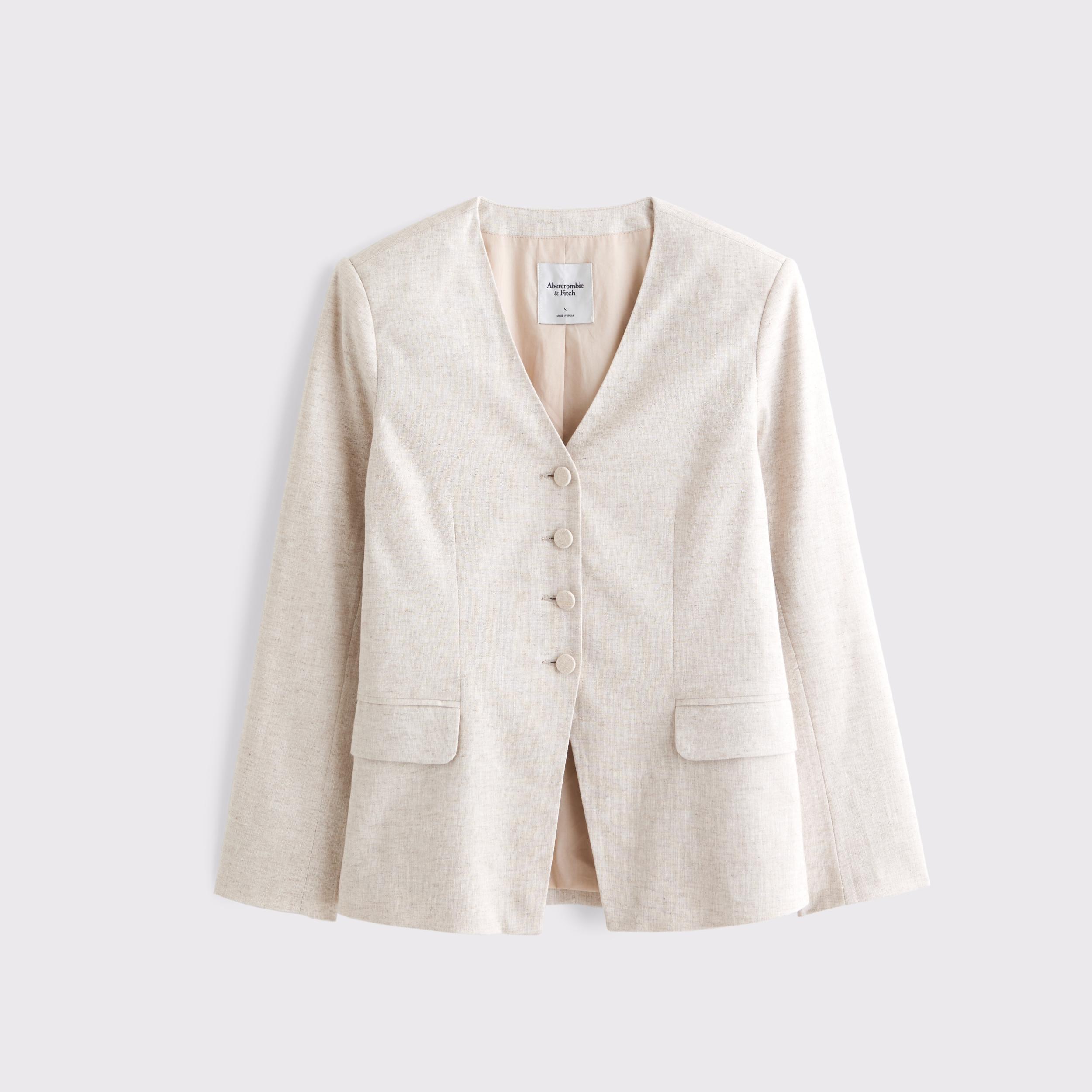 Linen-Blend Collarless Blazer Product Image