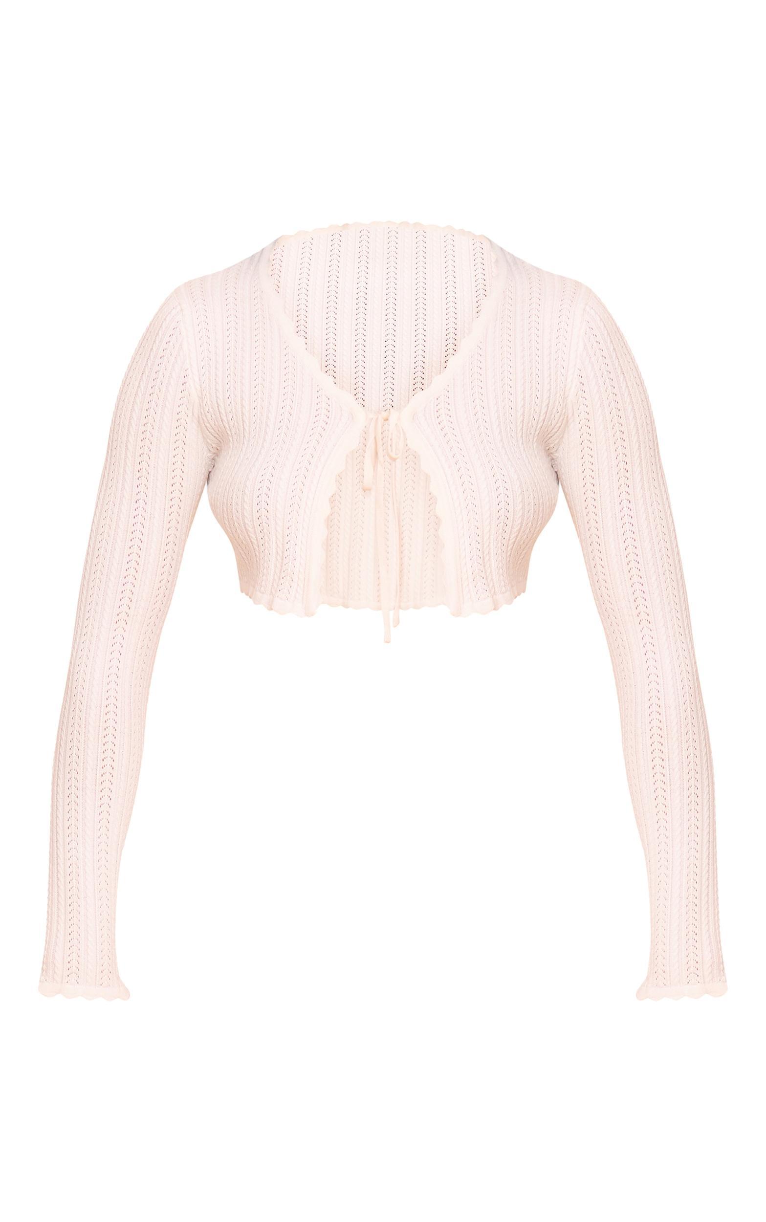 Cream Textured Crochet Knit Tie Front Top Product Image
