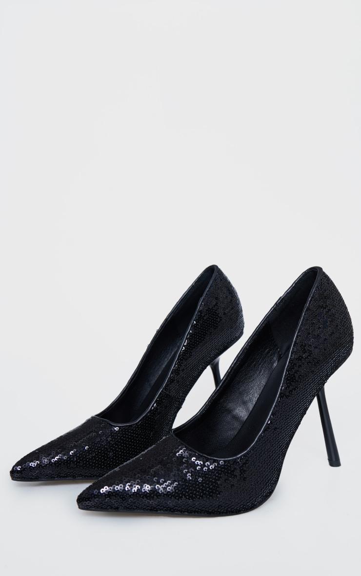 Black Sequin Point Toe High Stiletto Court Heels Product Image