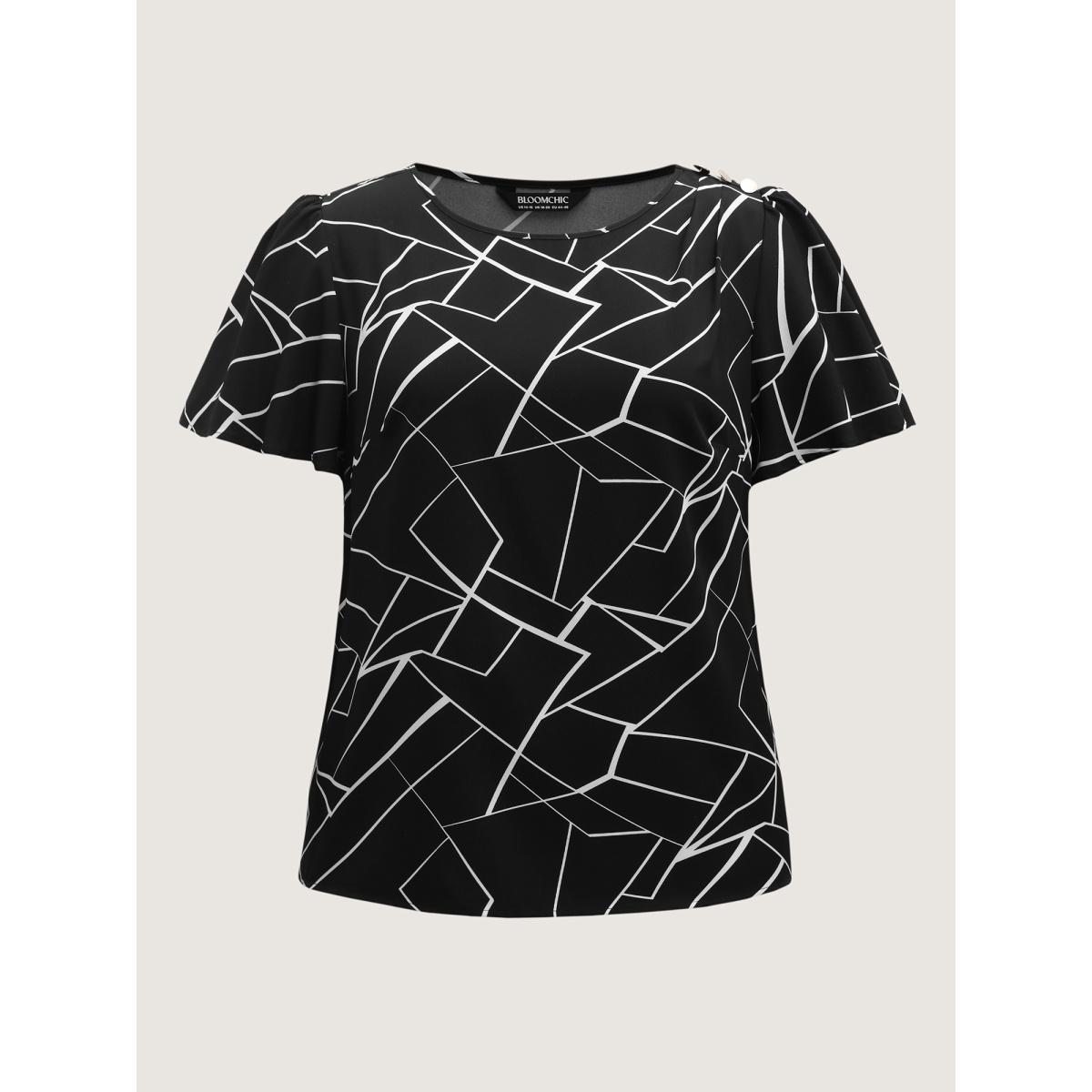 Plus Size Black Abstract Detail Button Detail Blouse Women Short sleeve Round Neck Work Blouses BloomChic 30/6X Product Image