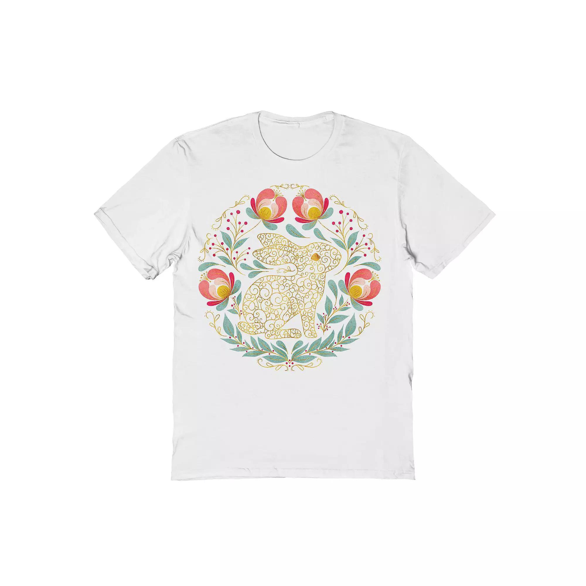 Men's Rabbit Folk-Art Wreath Easter Graphic Tee, Size: Small, White Product Image