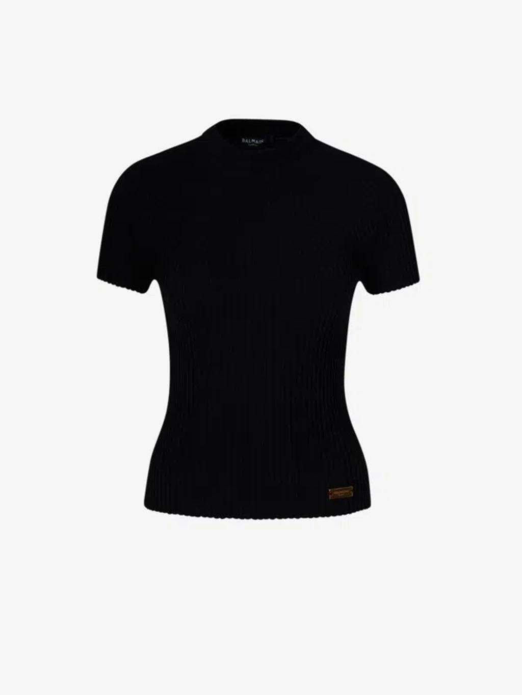 BALMAIN Logo-plaque Ribbed Knit Top In Black Product Image