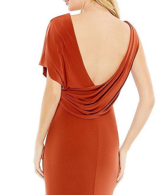 Mac Duggal V-Neck One Shoulder Sleeve Asymmetrical Scoop Back Front Slit Gown Product Image