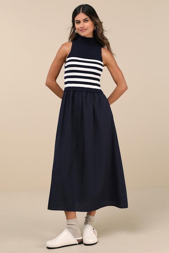 Confident Cues Navy Striped Mixed Media Midi Dress Product Image
