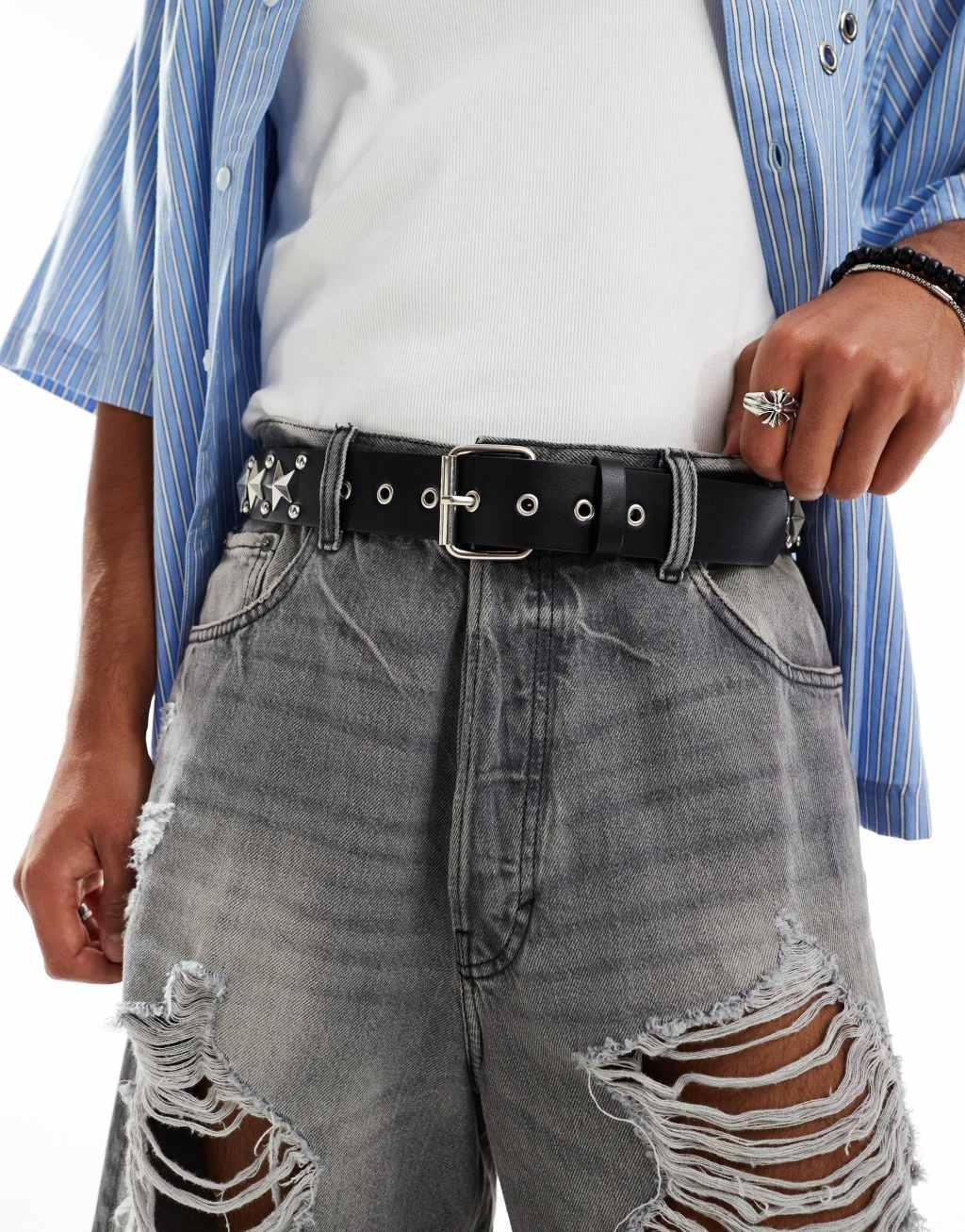 ASOS DESIGN faux leather belt with star studs and silver roller buckle in black Product Image