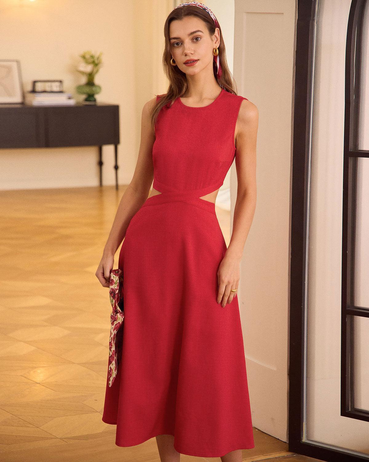 The Red Round Neck Cut-Out Midi Dress Product Image