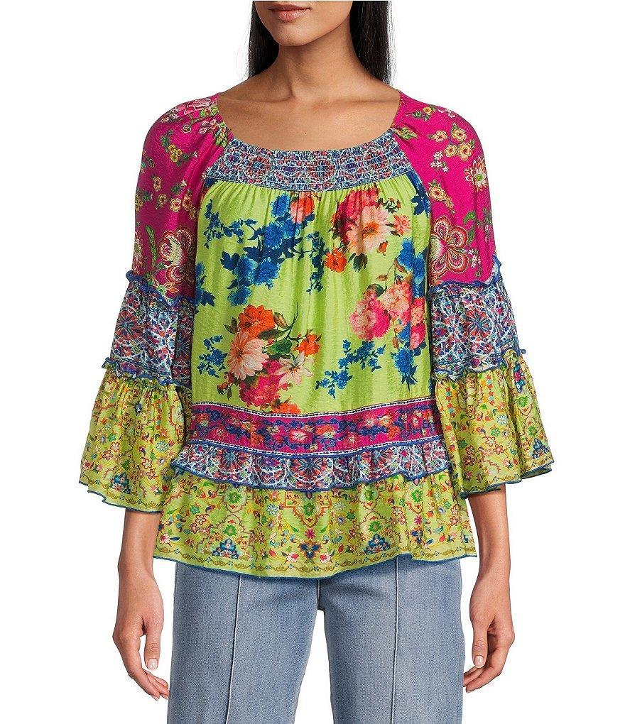 John Mark Mixed Print Scoop Neck 3/4 Ruffle Sleeve Blouse Product Image