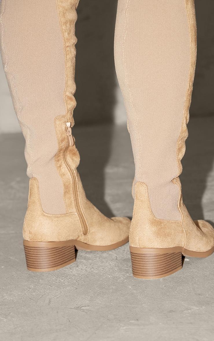 Beige Faux Suede Point Toe Low Block Heeled Knee High Boots Product Image