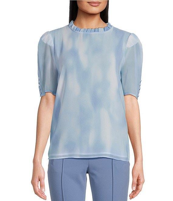 Calvin Klein Printed Ruffle Mock Neck Short Sleeve Keyhole Button Back Blouse Product Image