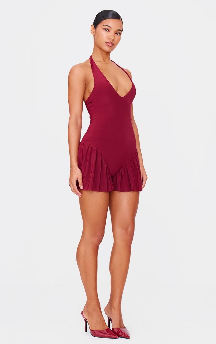 Burgundy Slinky Dropped Waist Plunge Romper Product Image