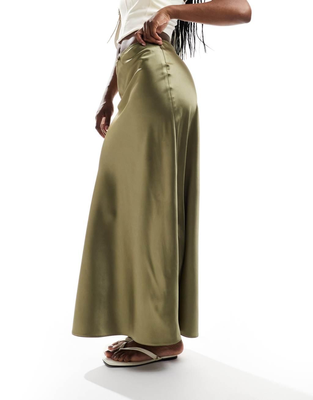 Miss Selfridge satin trim detail bias maxi skirt in khaki Product Image