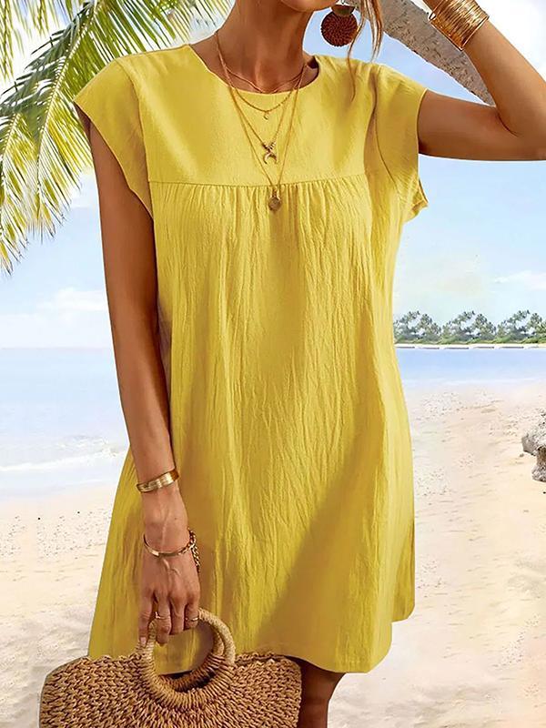 Cap Sleeve Loose Pleated Solid Color Round-Neck Mini Dresses Product Image