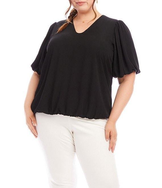 Karen Kane Plus Size Silky Crepe V-Neck Short Puff Sleeve Top Product Image