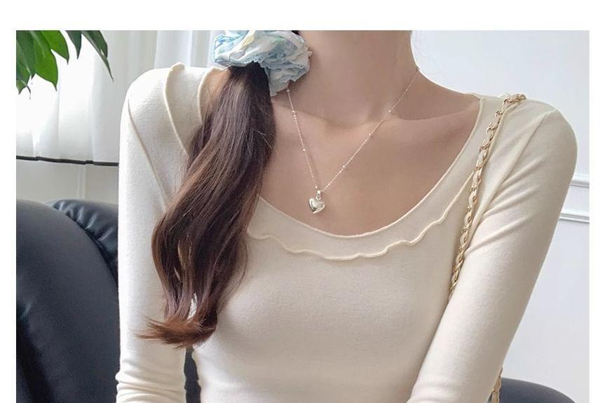 Long Sleeve Plain Ruffled-Trim Plain Slim-Fit Crop Top Product Image