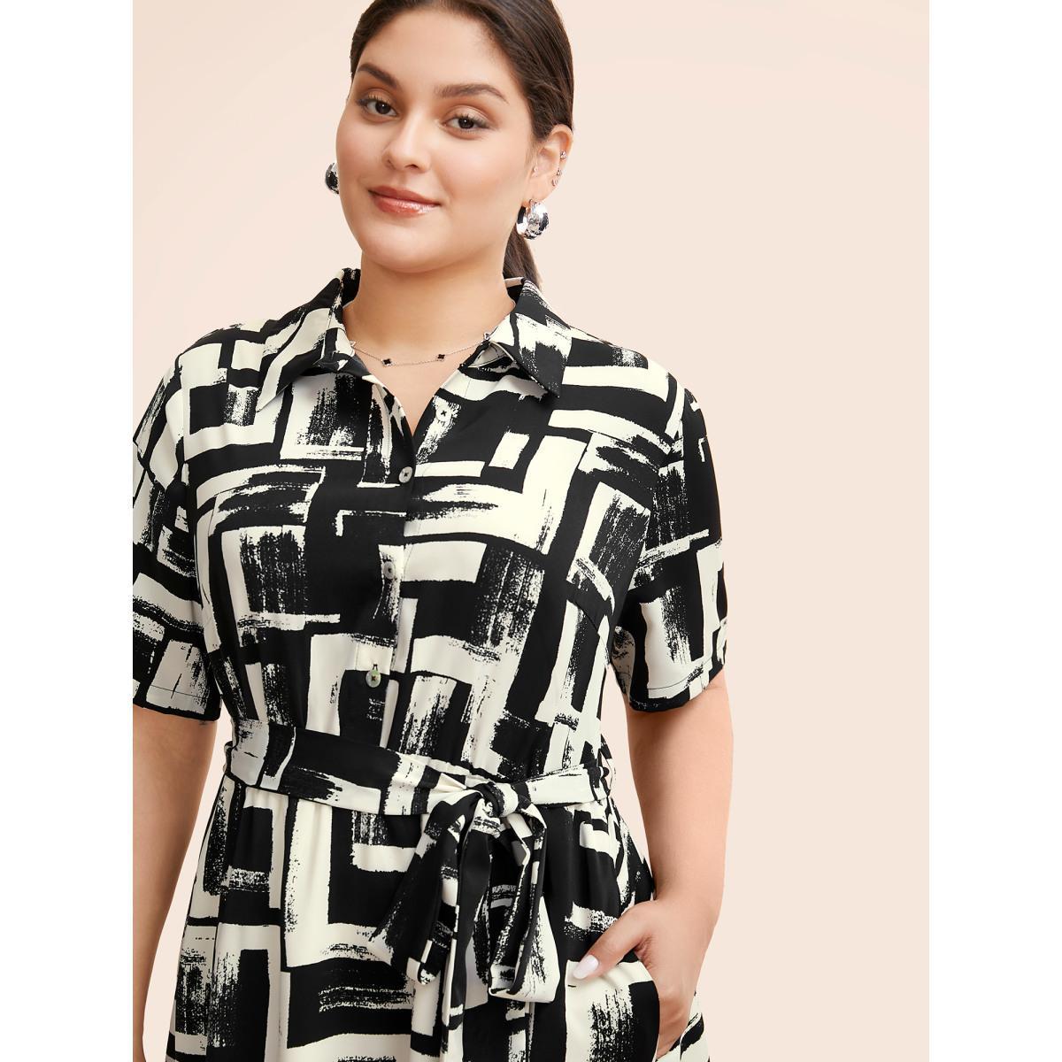Plus Size Shirt Collar Colorblock Contrast Midi Dress Black Women At the Office Belted Shirt collar Short sleeve Curvy BloomChic 22-24/3X Product Image