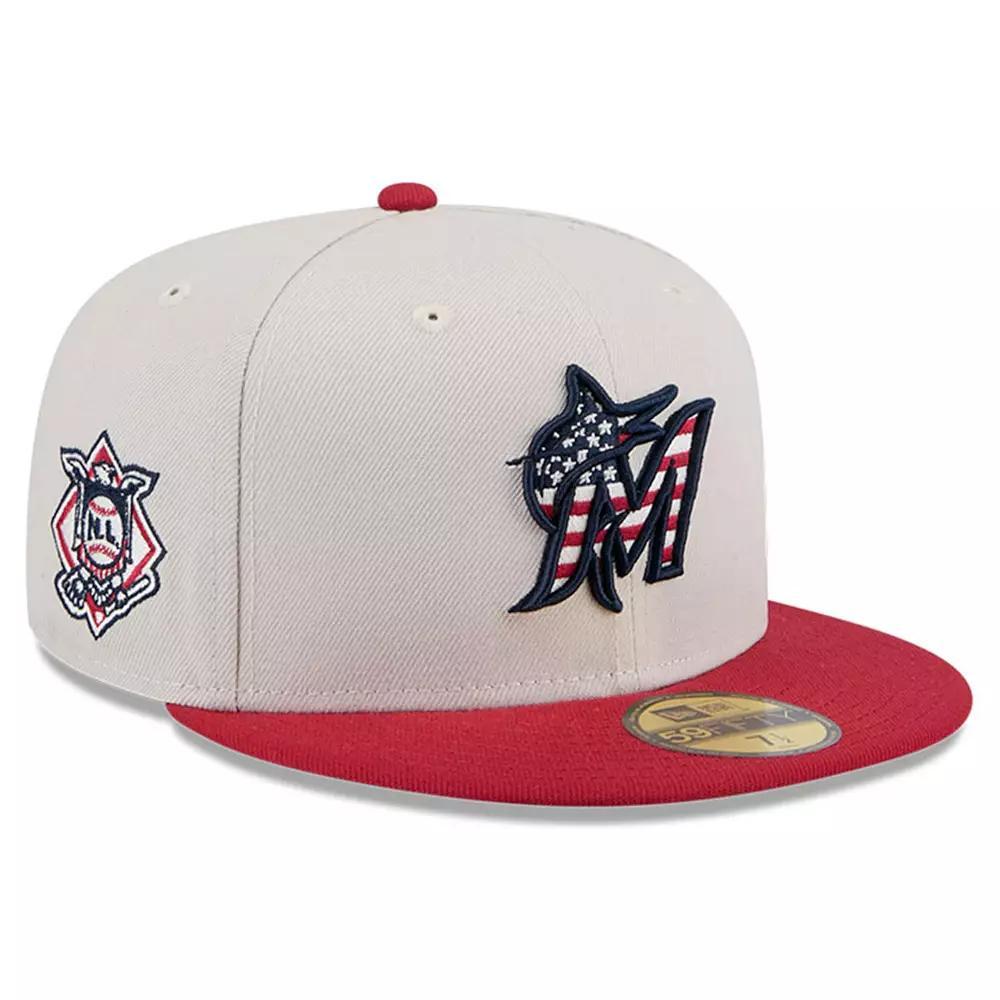 Men's New Era Khaki/Red Miami Marlins 2024 Fourth of July 59FIFTY Fitted Hat,  Product Image