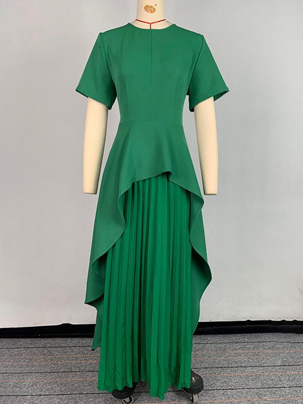 A-Line High Waisted Pleated Solid Color Split-Joint Round-Neck Maxi Dresses Product Image