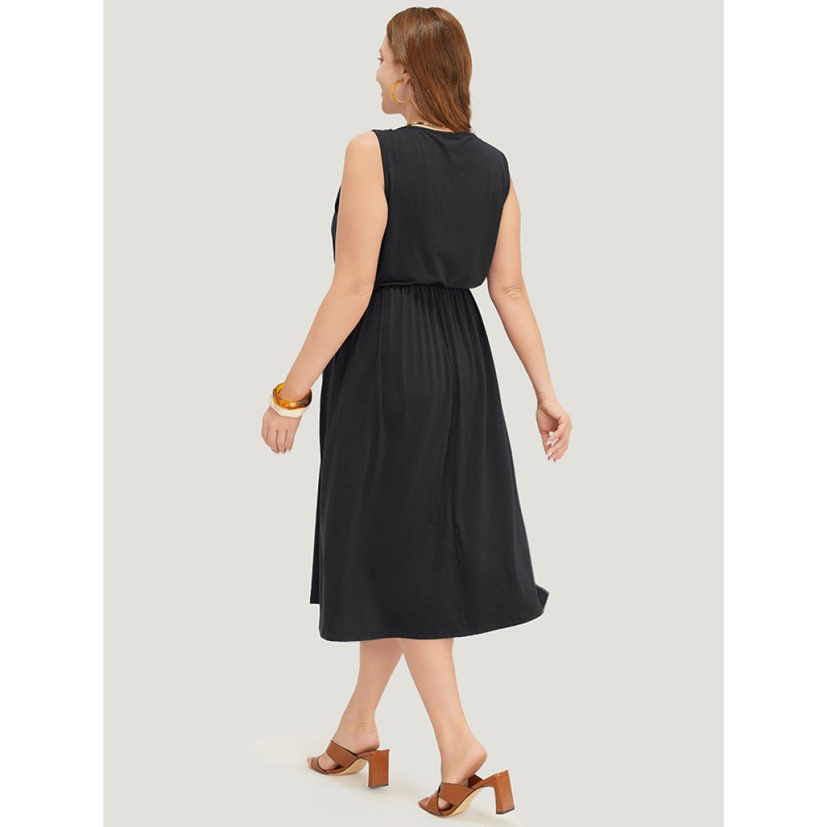 Plus Size Geometric Embroidered Buckle Detail Pocket Ruffle Hem Cami Dress Black Women Vacation Embroidered V-neck Sleeveless Curvy Midi Dress BloomChic 22-24/3X Product Image