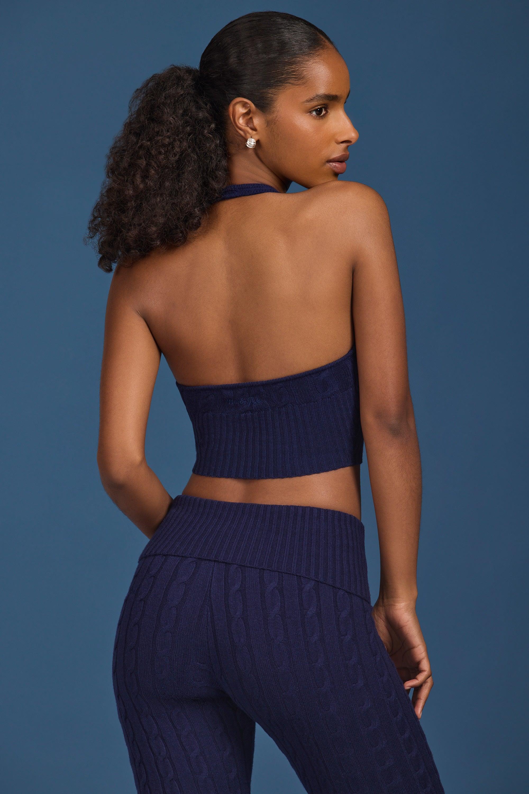 Cable-Knit Halterneck Crop Top in Navy Product Image