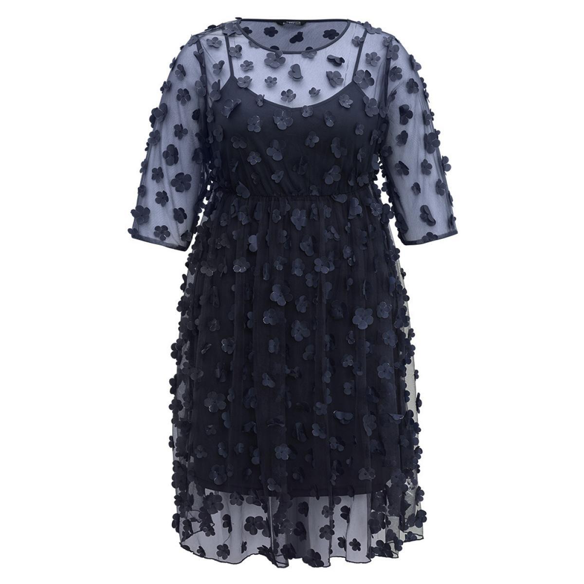 Plus Size Floral Embroidered Mesh Elastic Waist Crew Neck Dress DarkBlue Women Glamour See through Round Neck Elbow-length sleeve Curvy Knee Dress BloomChic 22-24/3X Product Image