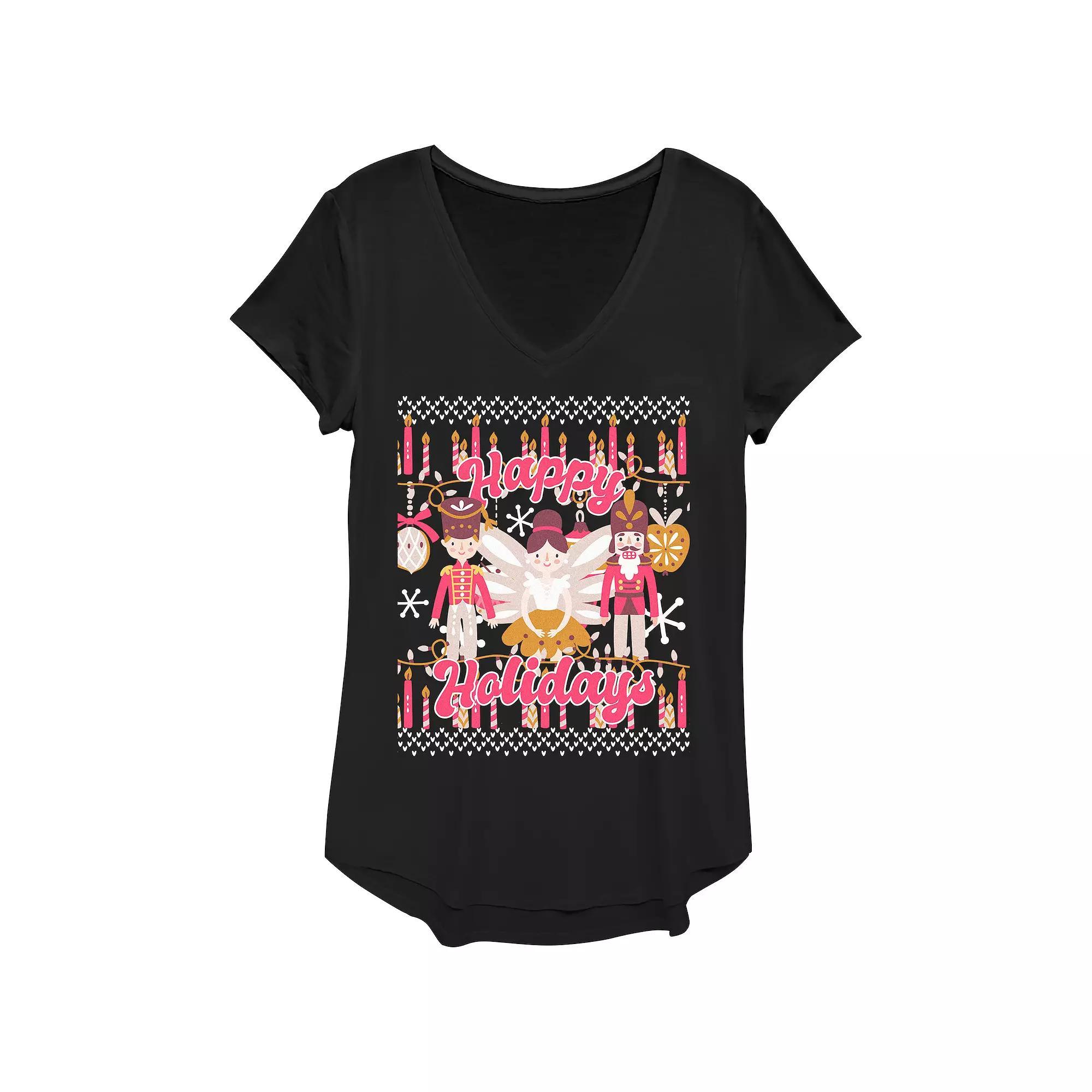 Women's Happy Holidays From The Nutcracker And Ballerina Graphic Tee, Size: XS, Black Product Image