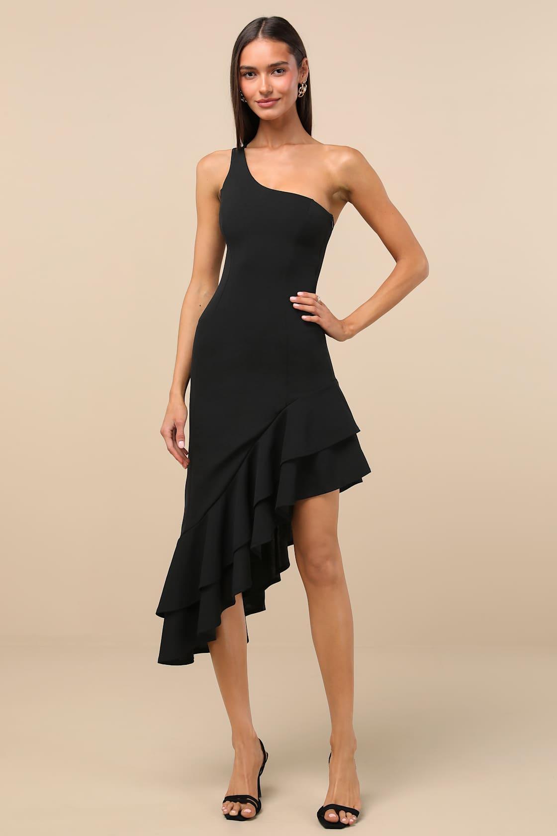 Steal a Glance Black One-Shoulder Asymmetrical Midi Dress Product Image