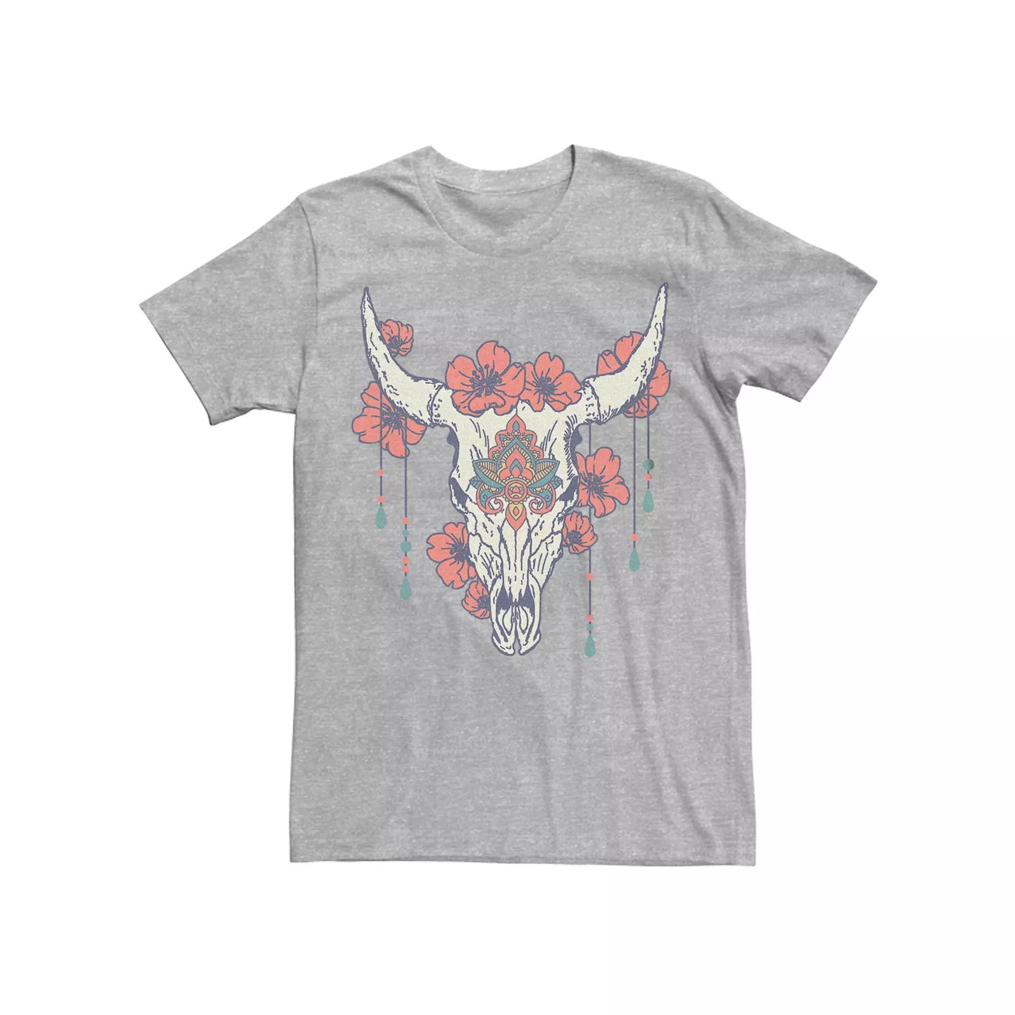 Men's Boho Henna Skull Flowers Graphic Tee, Size: Medium, Athletic Grey Product Image
