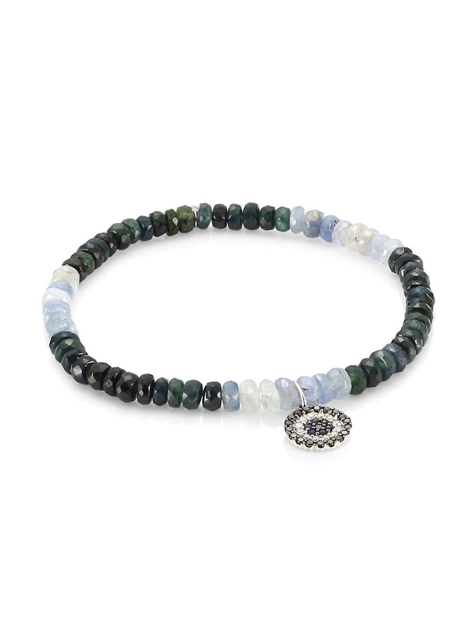 Womens Small Evil Eye 14K White Gold, Diamond, Black Diamond & Blue Sapphire Beaded Bracelet Product Image