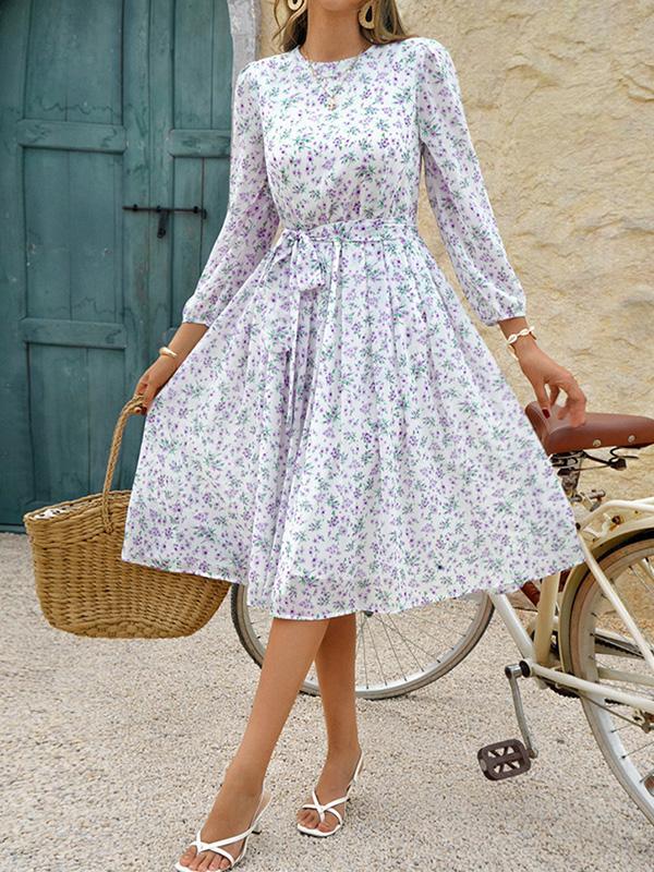 A-Line High Waisted Flower Print Tied Waist Round-Neck Midi Dresses Product Image