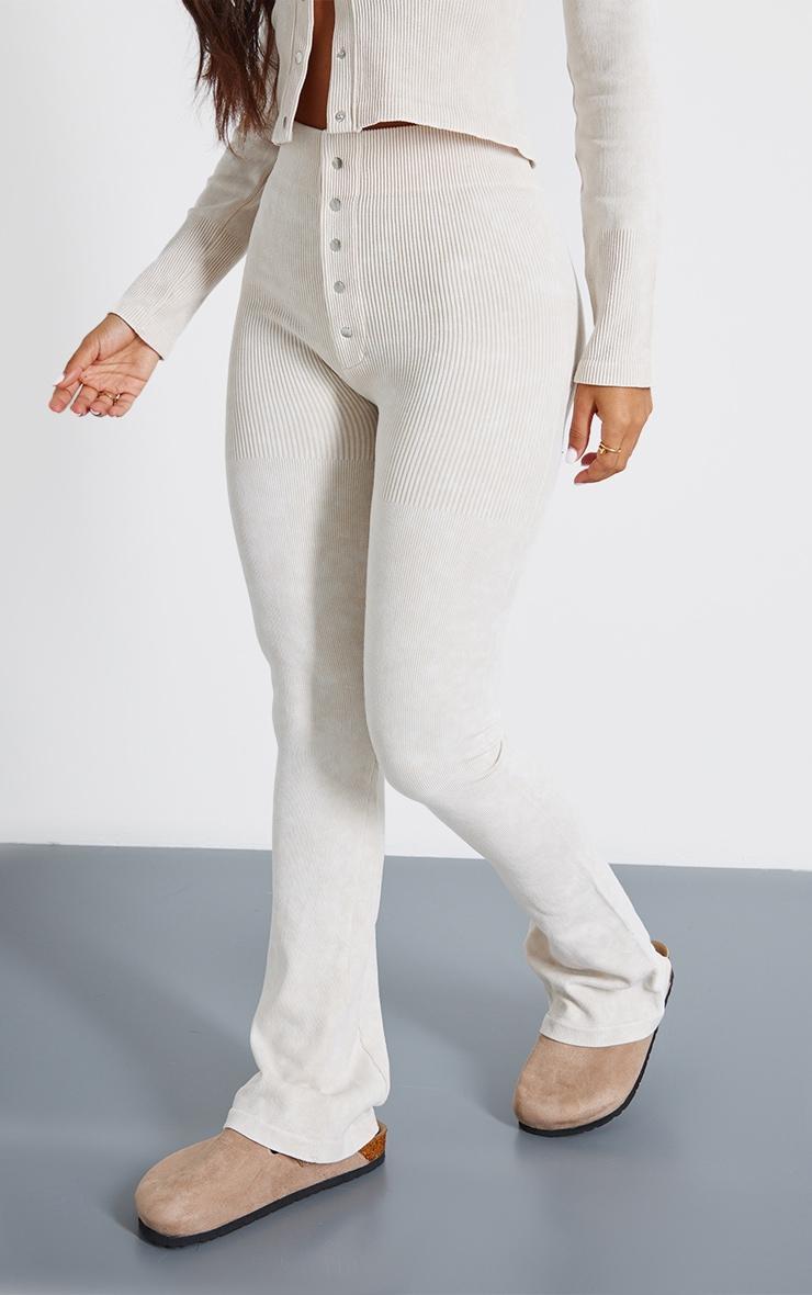 Petite Cream Faded Snatched Rib Button Detail Flared Leggings Product Image