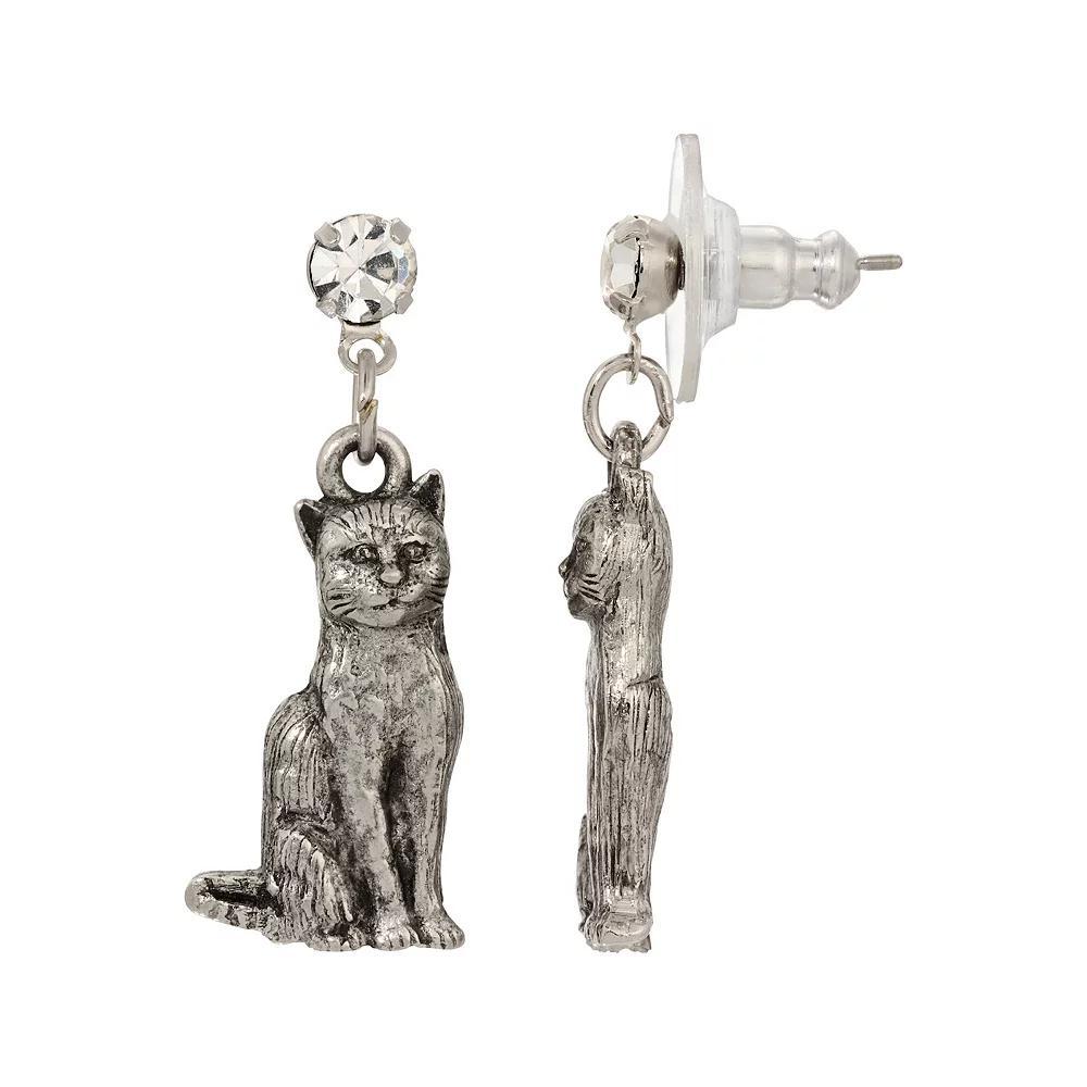 1928 Pewter Cat Drop Crystal Post Earrings, Women's, Gray Product Image