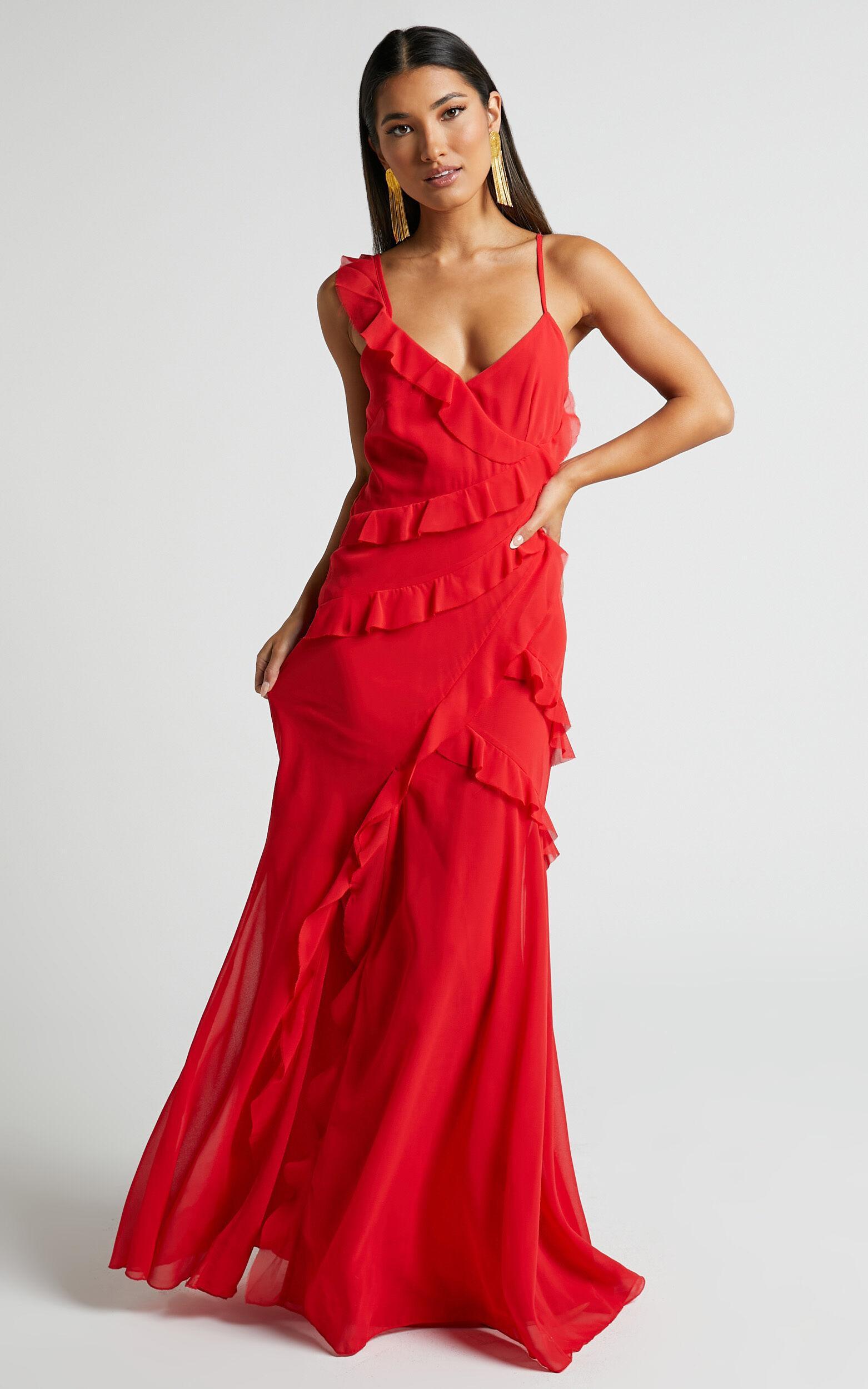 Nitha Maxi Dress - Asymmetrical Frill Thigh Split Dress in Red Product Image