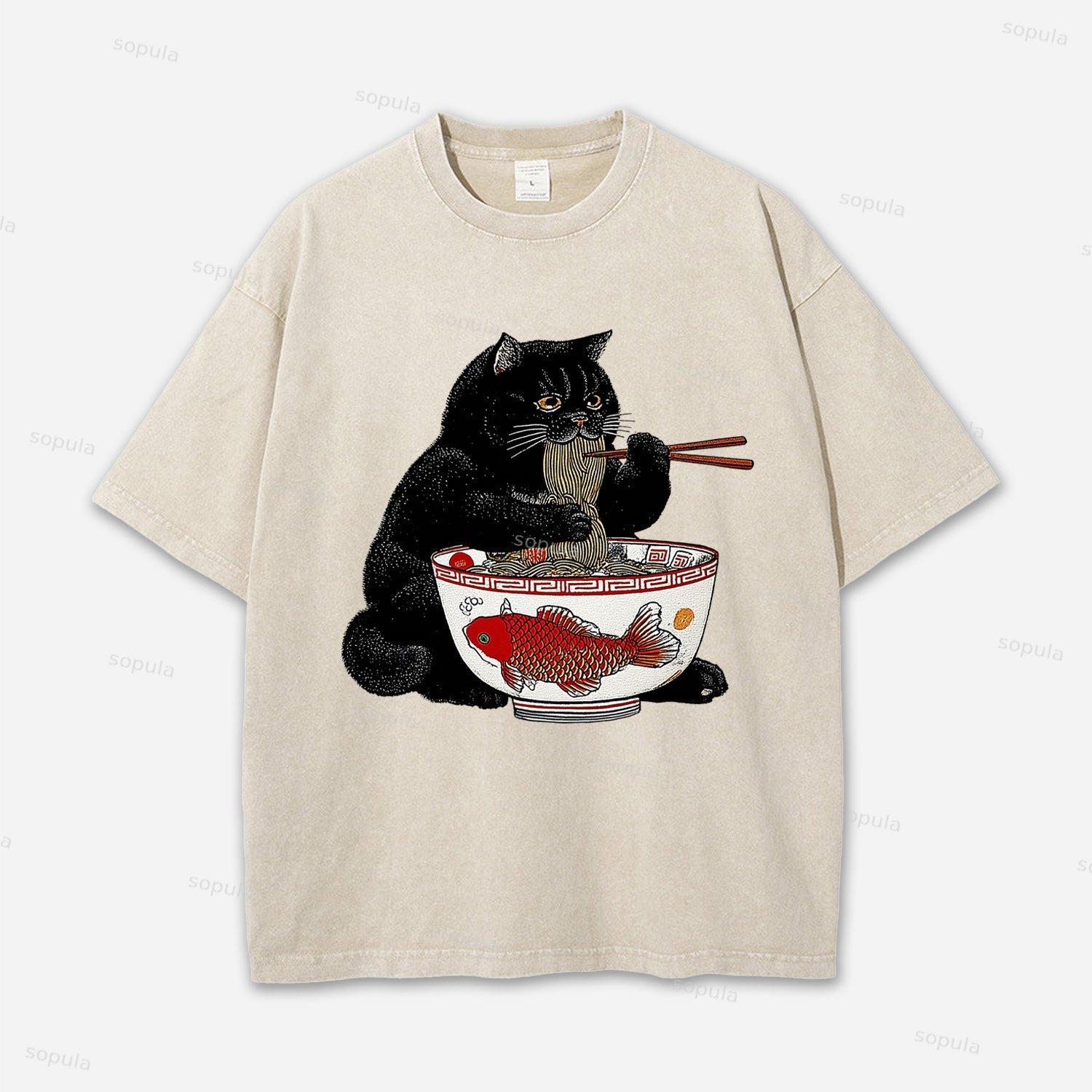 Fat Cat Eating Ramen Acid Washed T-shirt Product Image