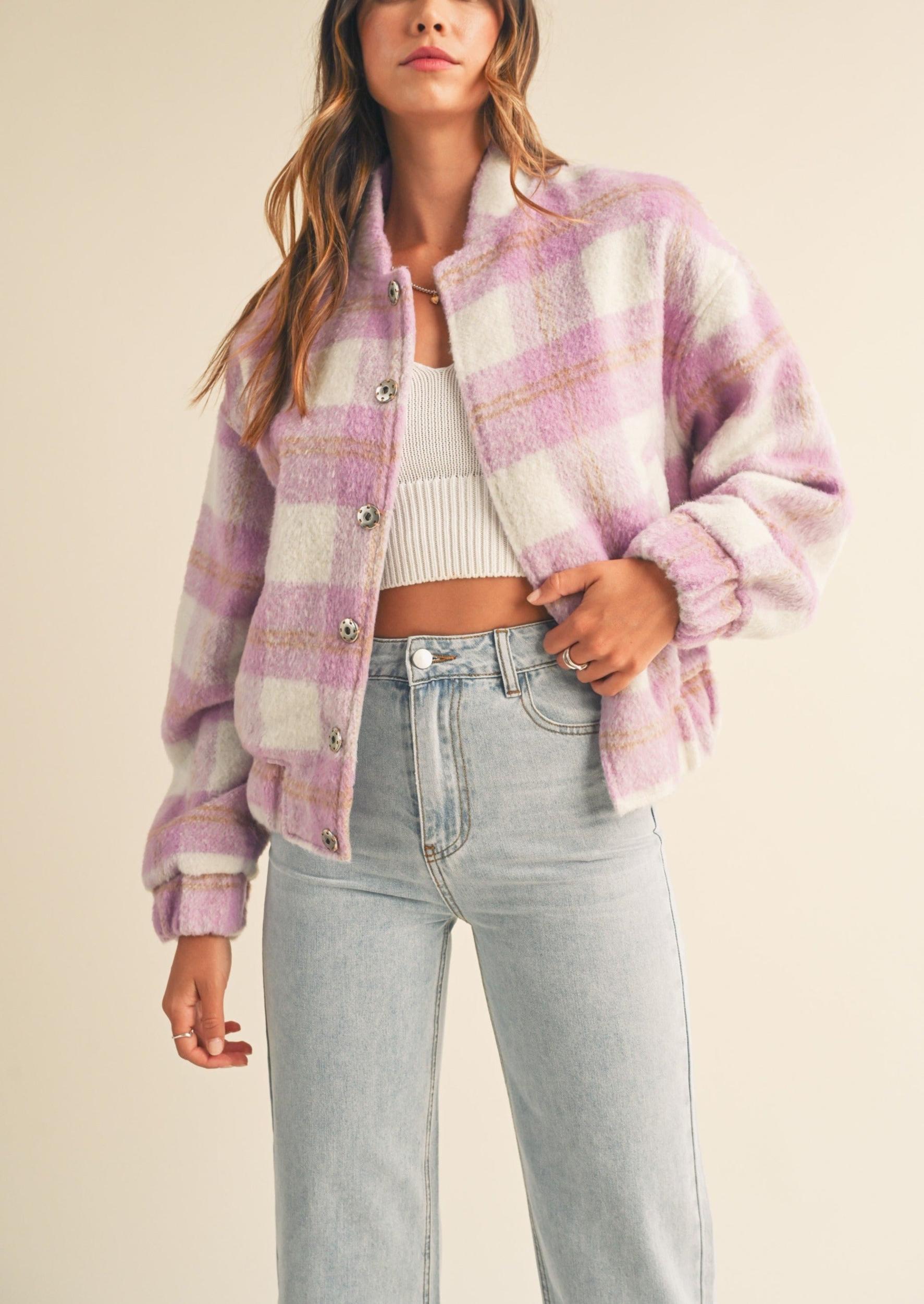 Fuzzy Plaid Bomber Jacket Product Image
