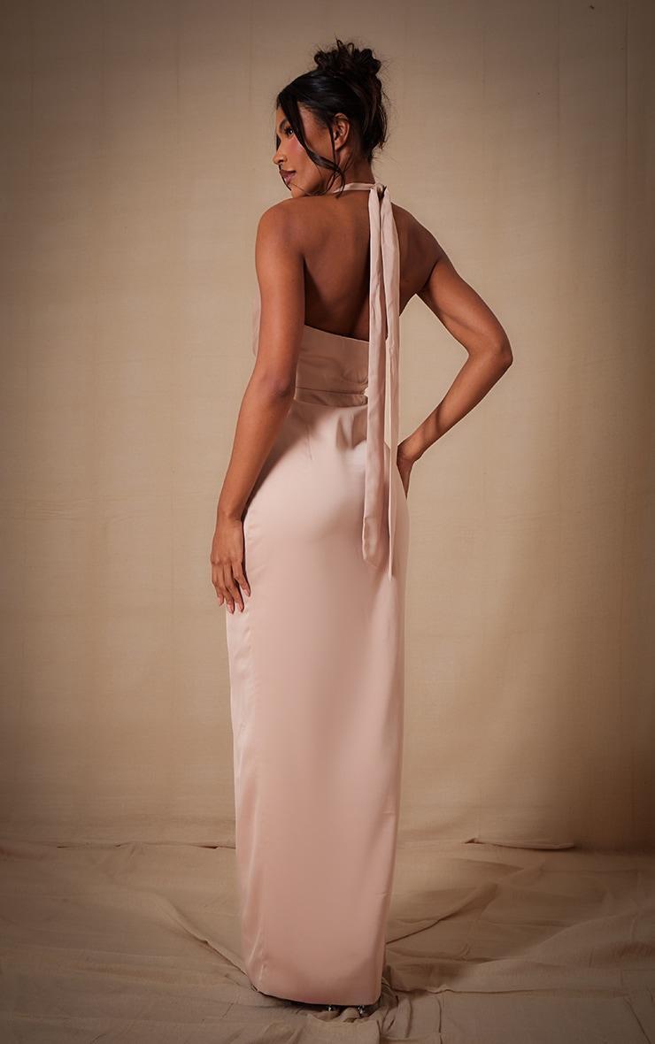 Champagne Bridesmaid Satin Twist Plunge Halterneck Maxi Dress Product Image