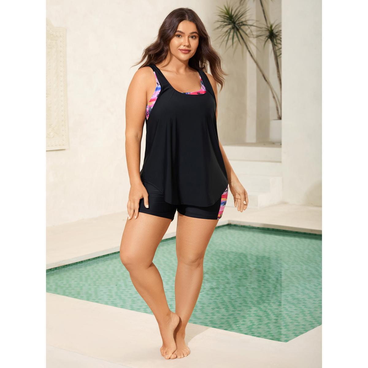 Plus Size Two-Piece Tropical Print Contrast Swim Top Women's Swimwear Black Resort Contrast High stretch Bodycon U-neck Curve Swim Tops BloomChic 18-20/2X Product Image