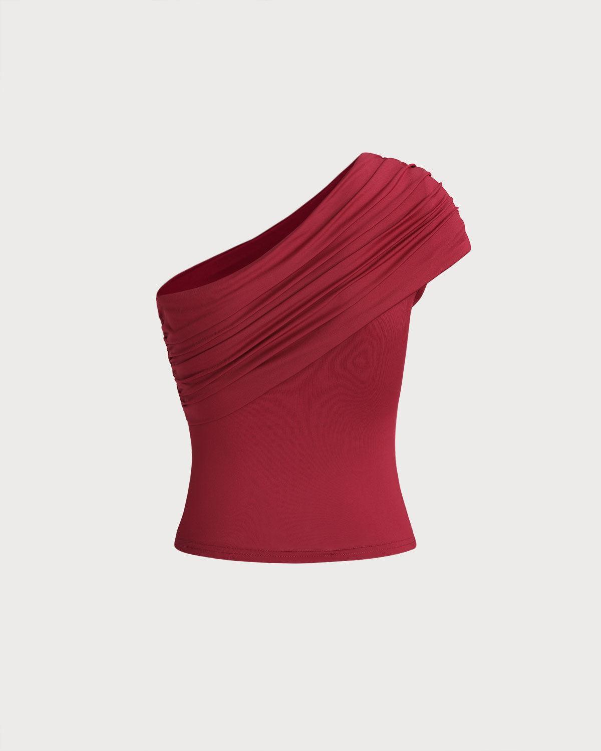 Red One Shoulder Slim Tee Product Image