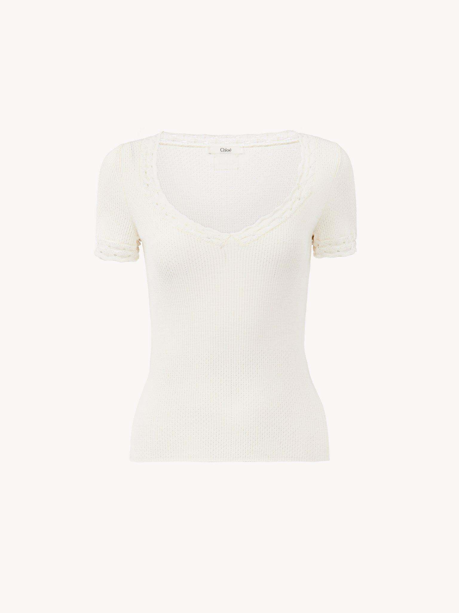 Scoop-neck fitted top in a wool knit & lace Product Image