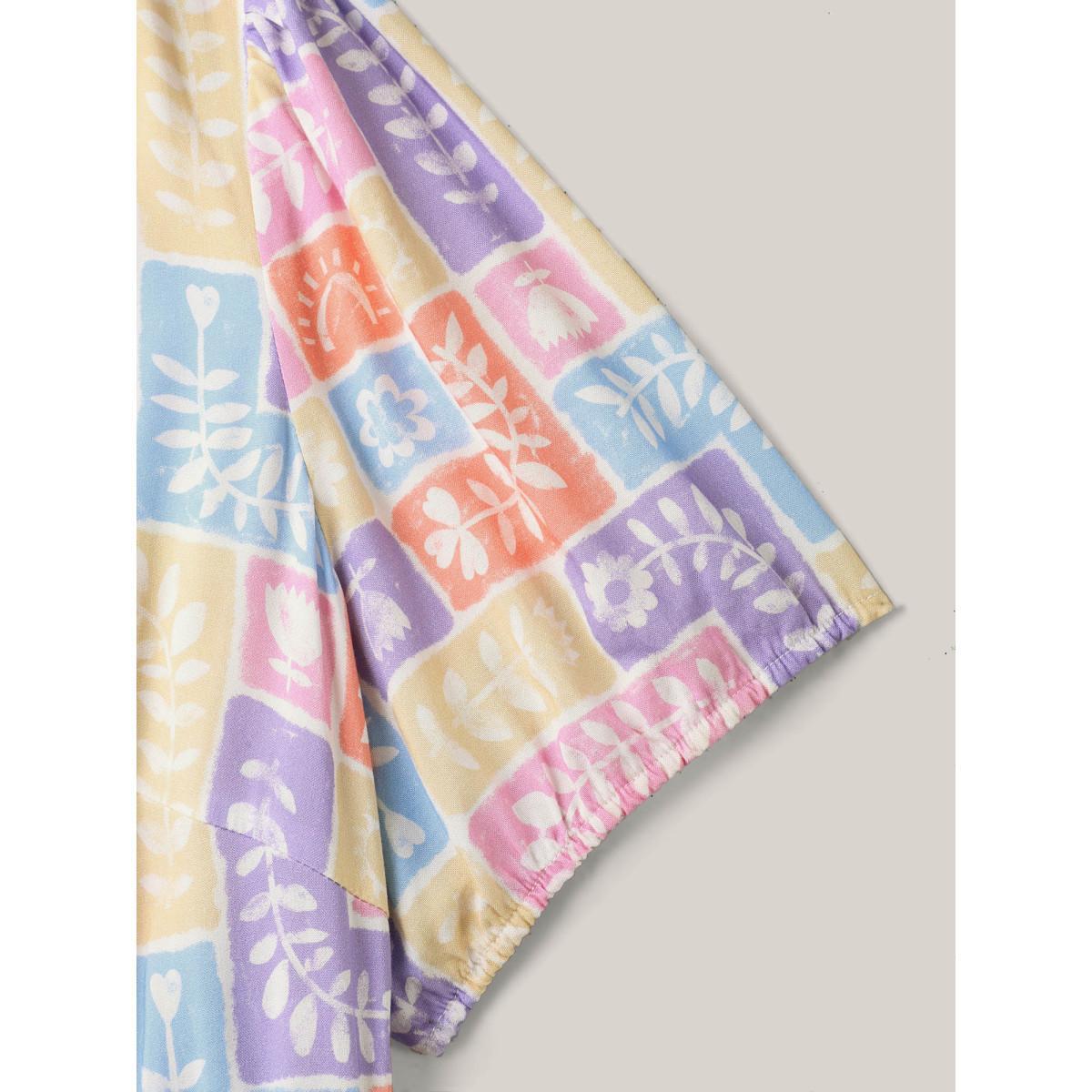 Plus Size Rayon Floral Collage Stretchy Waist Midi Dress Multicolor Women Flat collar with V-notch Short sleeve Curvy BloomChic 10/M Product Image