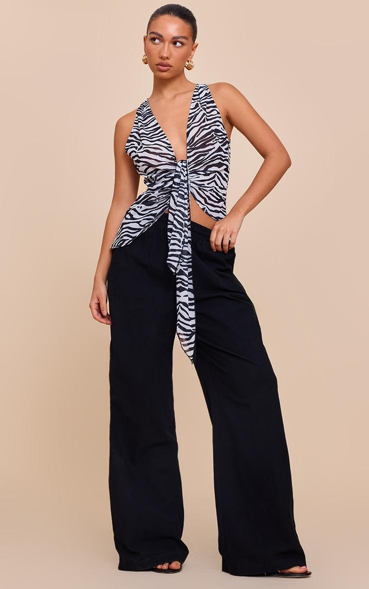 Monochrome Zebra Printed Drape Plunge Front Chiffon Long Top Product Image