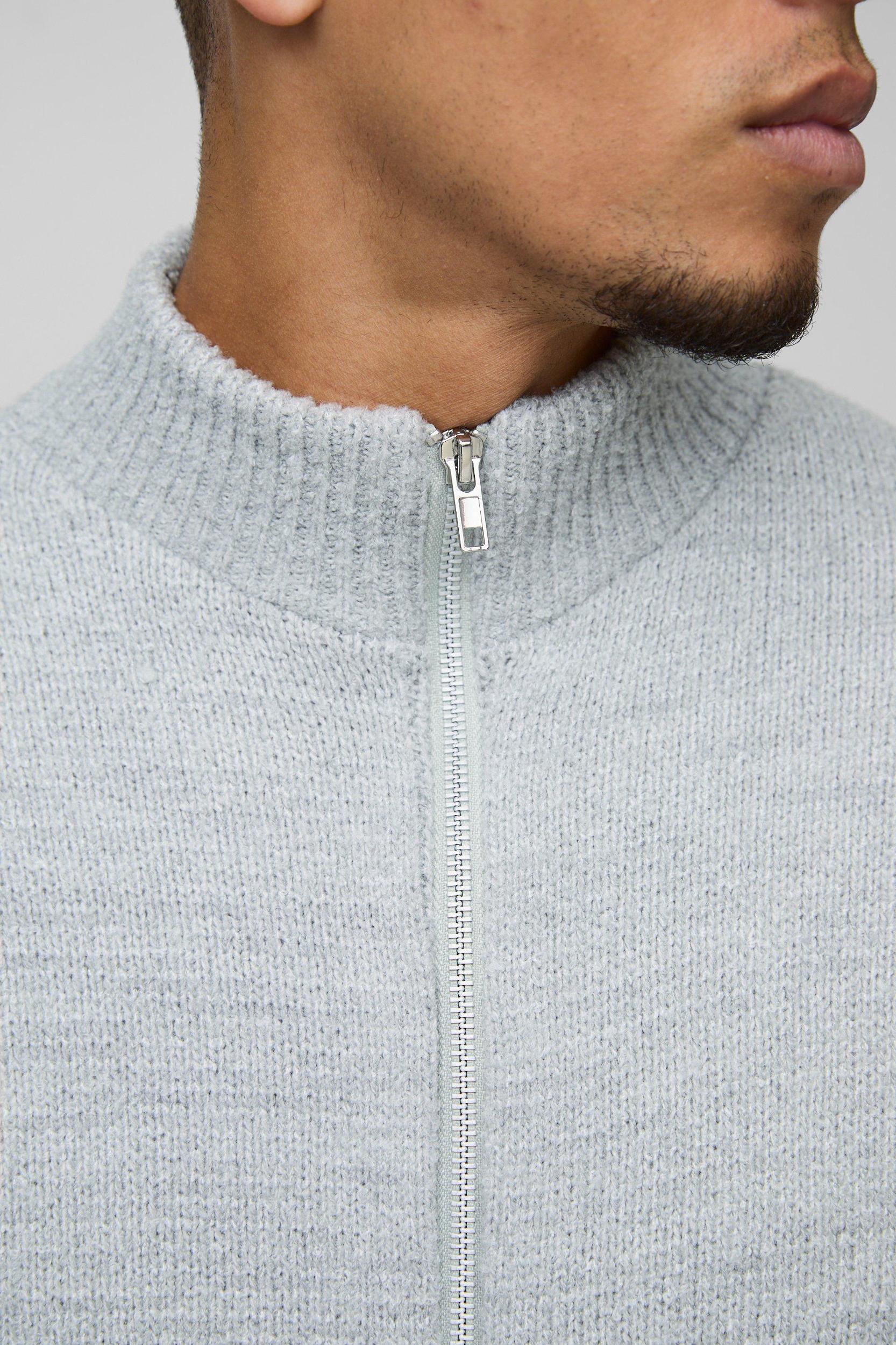 Relaxed Fit Boucle Zip Up Knitted Sweater | boohooMAN USA Product Image