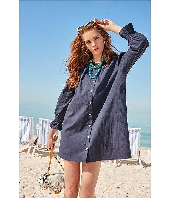Addison Bay Sailor Solid Woven Long Puff Sleeve Button Front A-Line Dress Product Image
