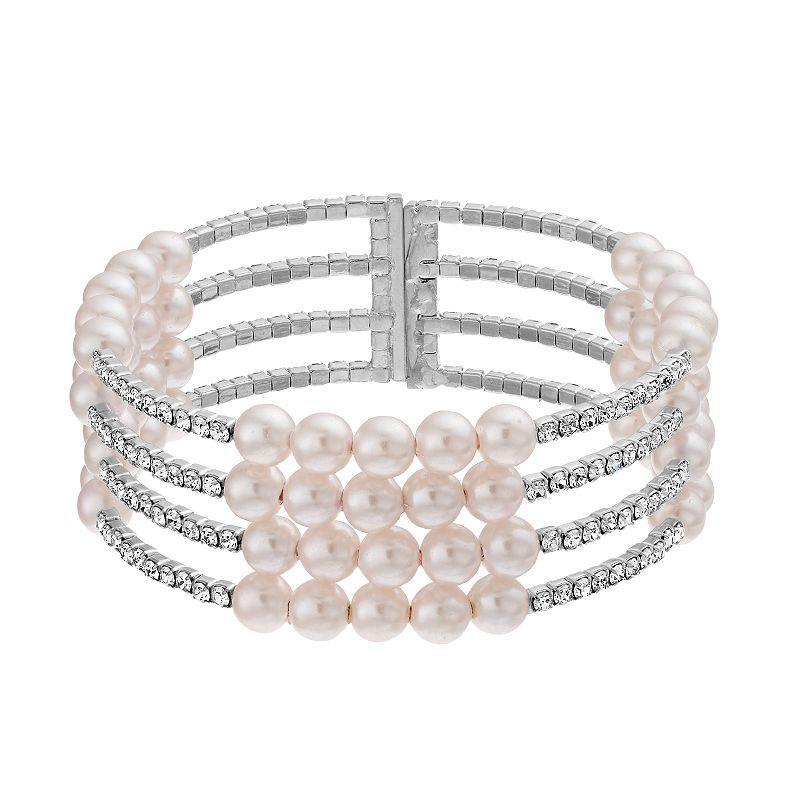 Vieste Four Row Crystal & Pearl Nickel Free Cuff Bracelet, Womens, Silver Tone Product Image