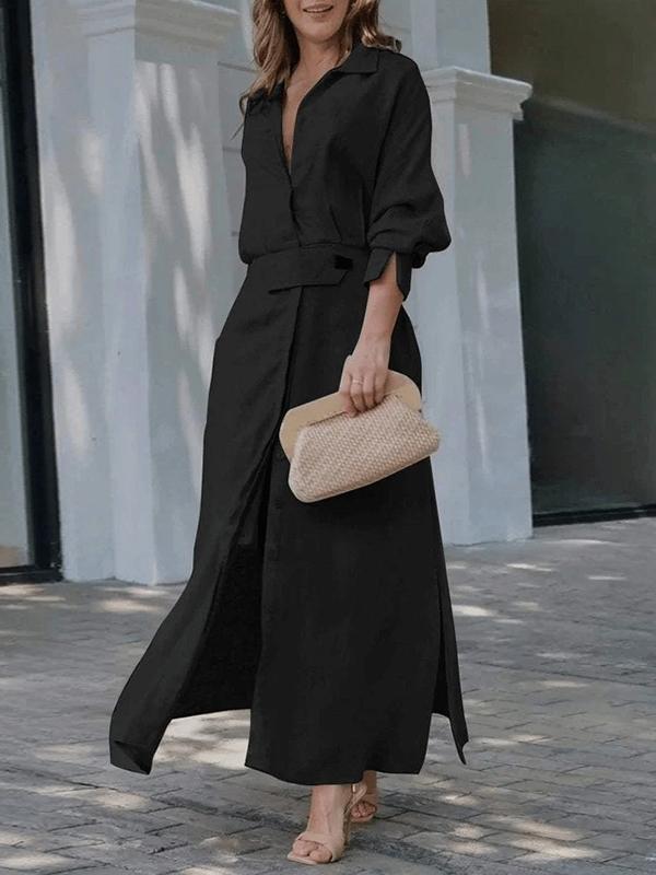 Long Sleeves Loose Split-Joint Split-Side V-Neck Maxi Dresses Shirt Dress Product Image