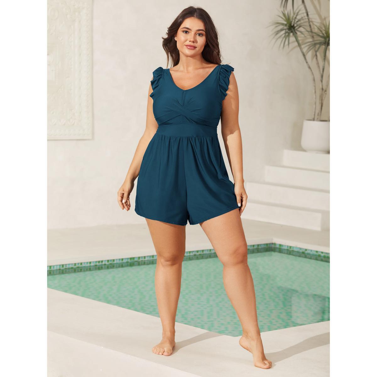 Plus Size Twist Front Ruffled One-Piece Swimsuit Women's Swimwear Aegean Resort Twist Curve Bathing Suits High stretch One Pieces BloomChic 14-16/1X Product Image