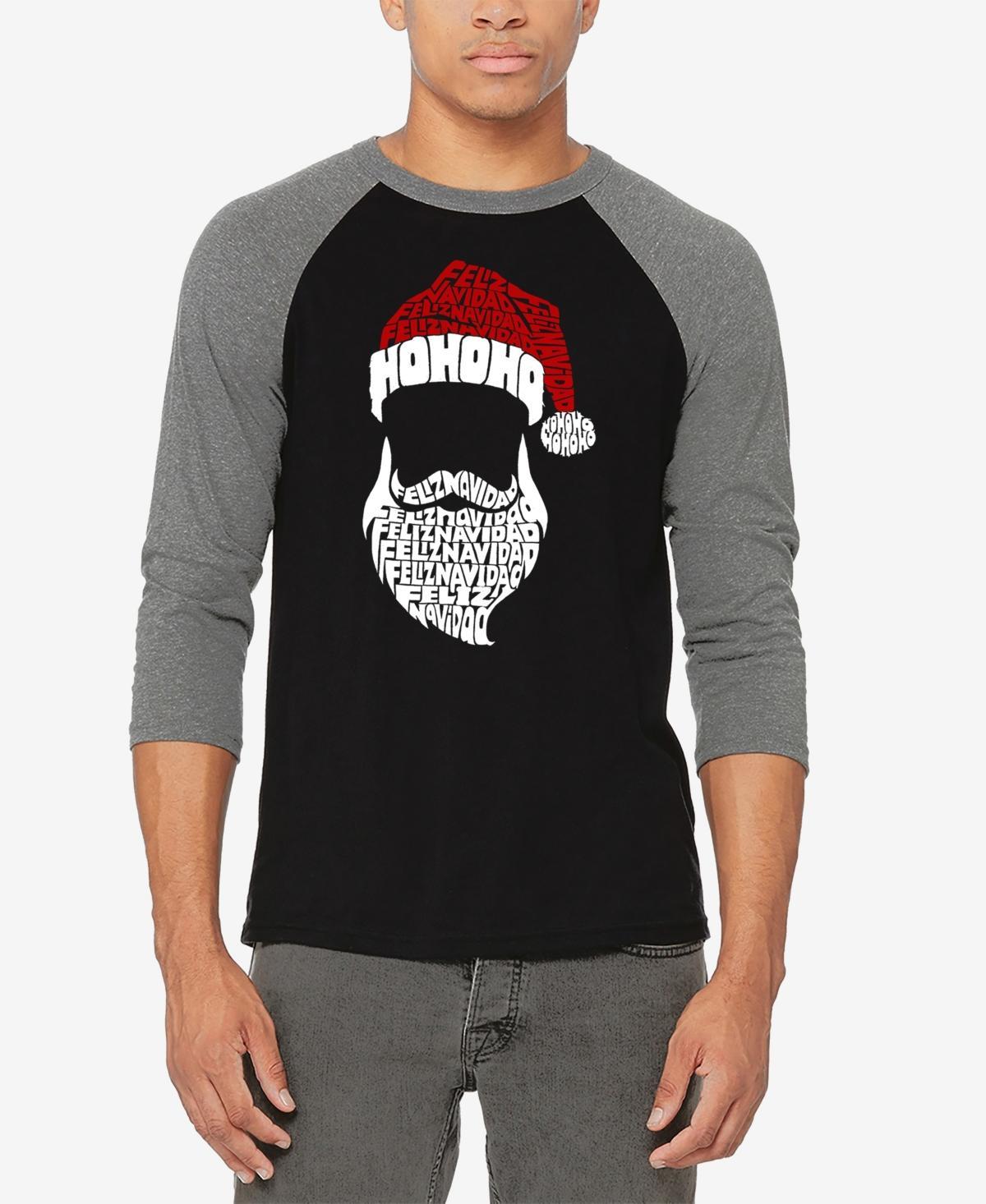 La Pop Art Mens Feliz Navidad Santa Claus Raglan Baseball Word Art T-Shirt - Grey Product Image